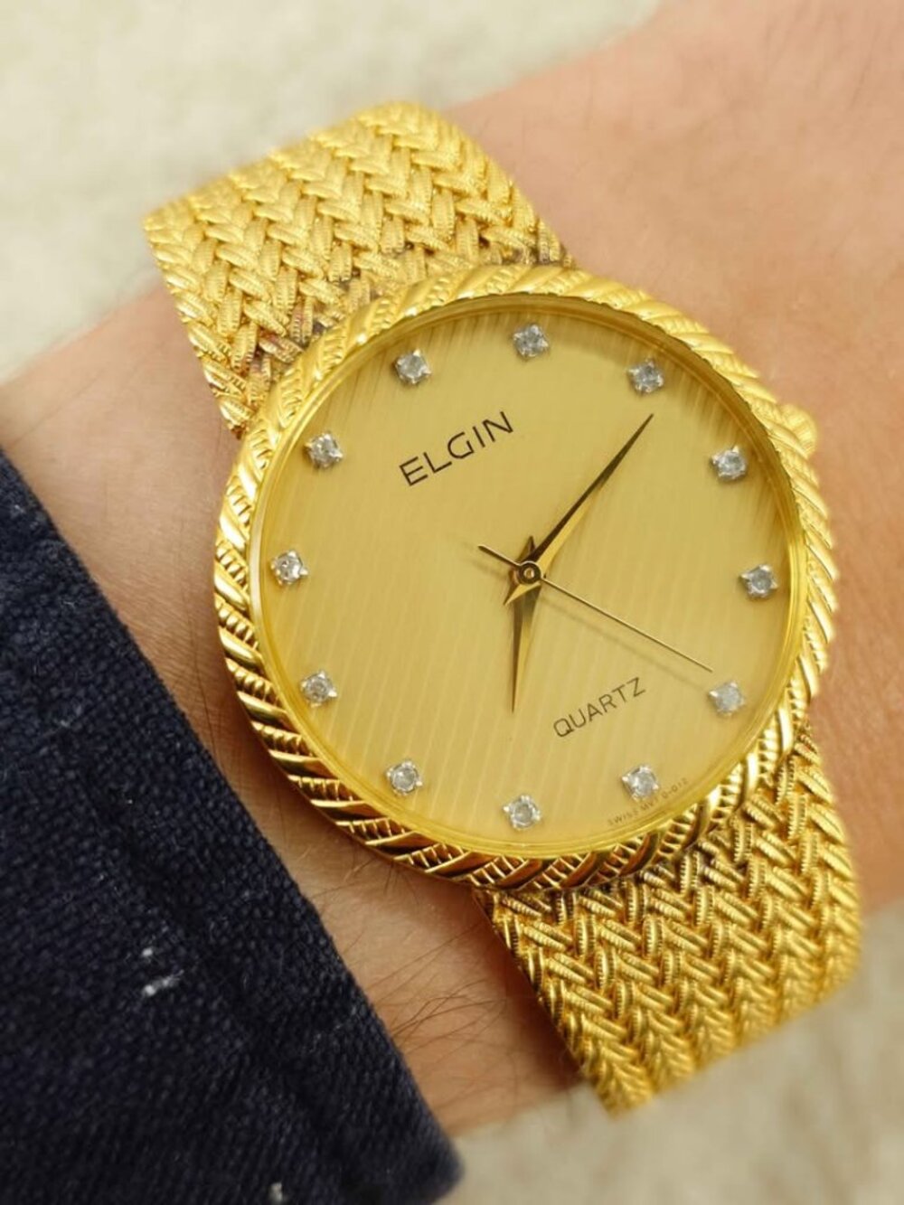 Elgin Men's Quartz Watch FK278 31mm Gold Diamond Dial Swiss Movement New Battery